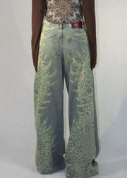 Vintage Blue Print Pockets High Waist Denim Pants Fall