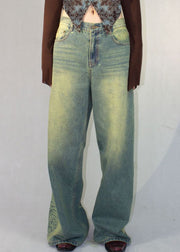 Vintage Blue Print Pockets High Waist Denim Pants Fall