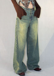 Vintage Blue Print Pockets High Waist Denim Pants Fall