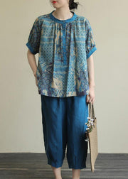 Vintage Blue Print Top And Harem Pants Two Piece Set Summer