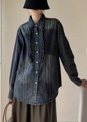 Vintage Blue Ruffled Button Denim Shirt Fall