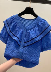 Vintage Blue Ruffled Patchwork Chiffon Shirt Tops Summer