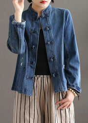 Vintage Blue Stand Collar Patchwork Button Pockets Cotton Denim Coat Long Sleeve