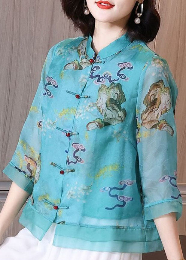 Vintage Blue Stand Collar Print Chinese Button Patchwork Linen Tops Summer