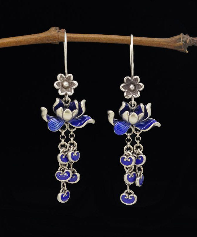 Vintage Blue Sterling Silver Cloisonne Lotus Tassel Drop Earrings