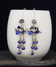 Vintage Blue Sterling Silver Cloisonne Lotus Tassel Drop Earrings