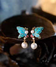 Vintage Blue Sterling Silver Overgild Pearl Butterfly Drop Earrings