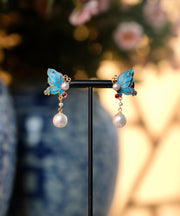 Vintage Blue Sterling Silver Overgild Pearl Butterfly Drop Earrings