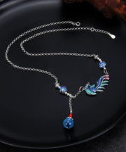 Vintage Blue Sterling Silver Tassel Cloisonne Floral Enamel Phoenix Pendant Necklace