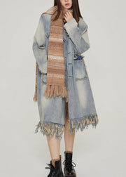 Vintage Blue Tasseled Pockets Patchwork Denim Long Coats Fall