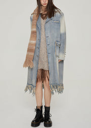 Vintage Blue Tasseled Pockets Patchwork Denim Long Coats Fall