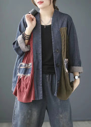 Vintage Blue V Neck Knit Patchwork Denim Coats Long Sleeve