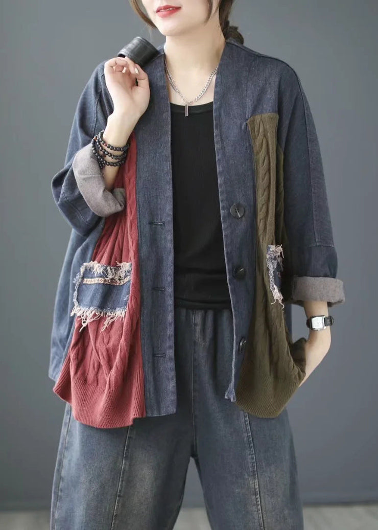 Vintage Blue V Neck Knit Patchwork Denim Coats Long Sleeve