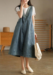 Vintage Blue V Neck Patchwork Denim Tank Dress Sleeveless