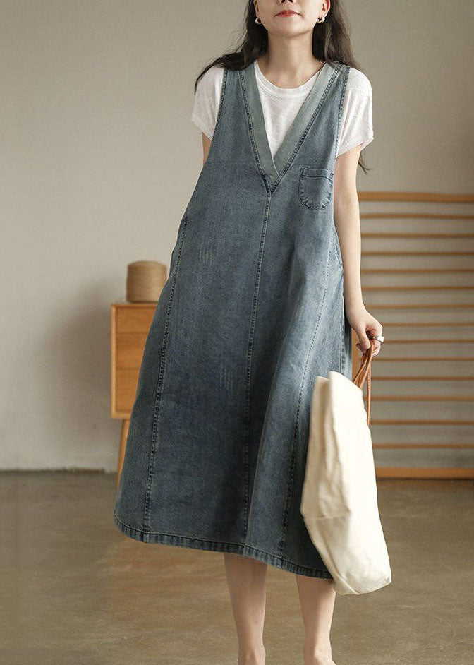 Vintage Blue V Neck Patchwork Denim Tank Dress Sleeveless