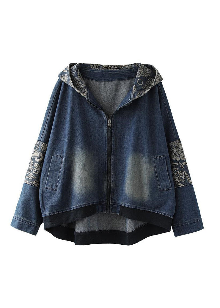 Vintage Blue V Neck Print Patchwork Zippered Cotton Denim Coat Long Sleeve