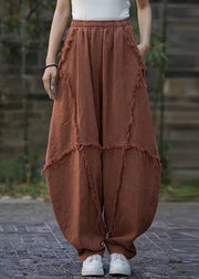 Vintage Brick Red Pockets High Waist Linen Pants Summer