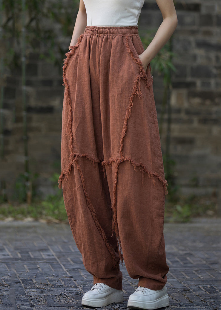 Vintage Brick Red Pockets High Waist Linen Pants Summer