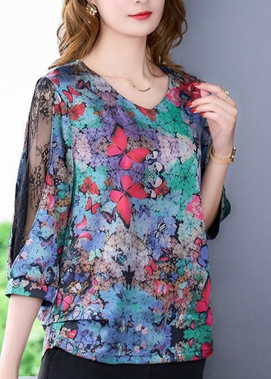 Vintage Butterfly Print V Neck Lace Patchwork Silk Tops Spring