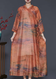 Vintage Caramel Oversized Print Linen Robe Dresses Summer