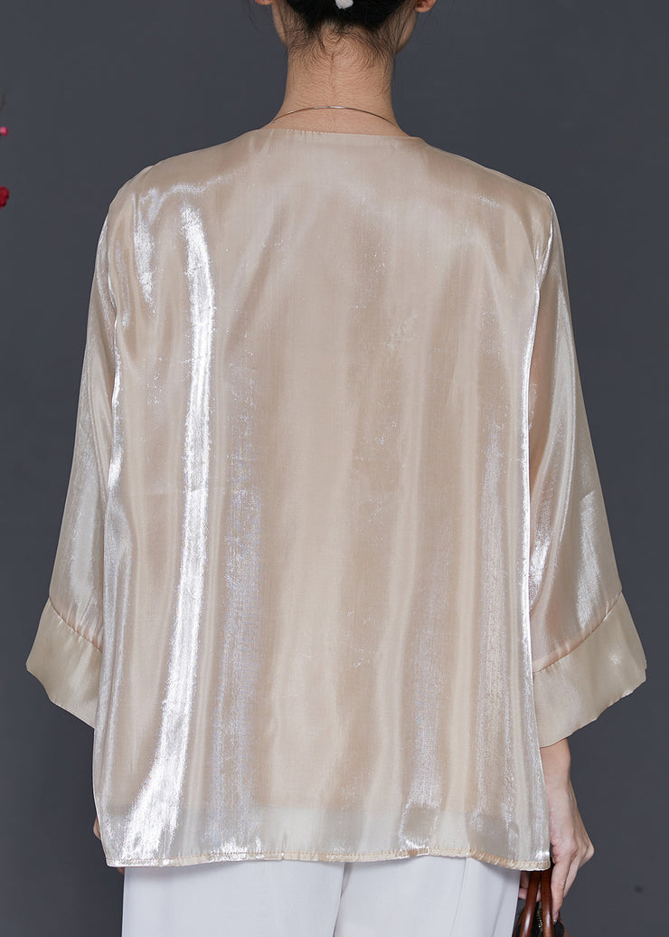 Vintage Champagne Embroidered Linen Silk Shirt Spring