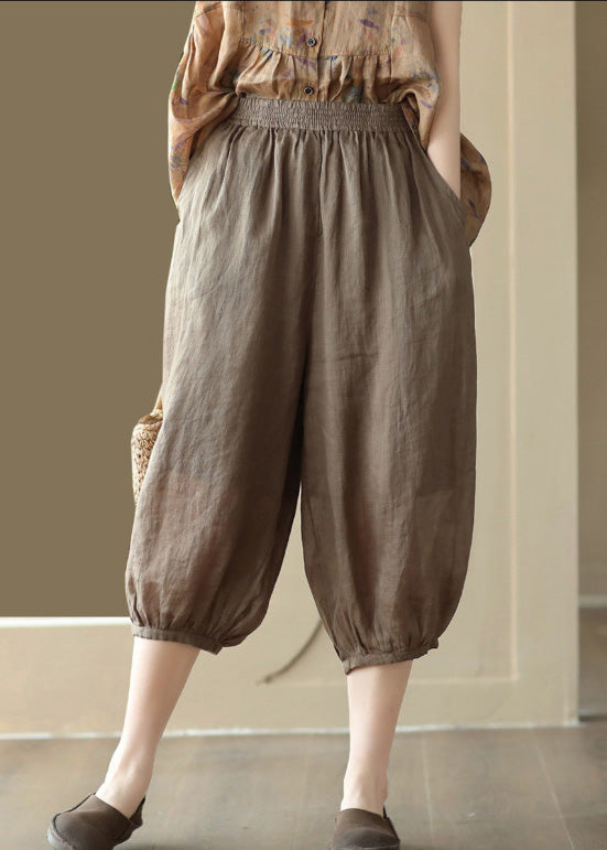 Vintage Coffee Elastic Waist Solid Ramie Crop Pants