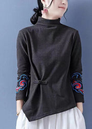 Vintage Chocolate Embroideried Ammetrical Design Chinese Button Cotton Tops Spring