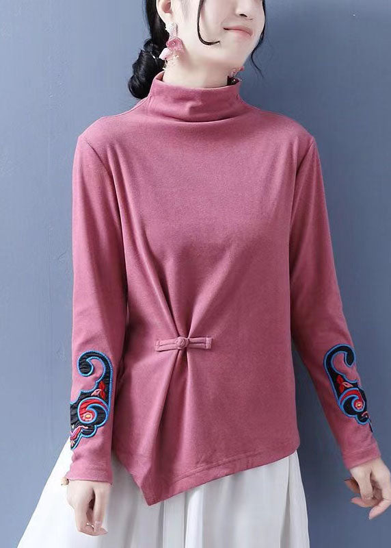 Vintage Chocolate Embroideried Ammetrical Design Chinese Button Cotton Tops Spring