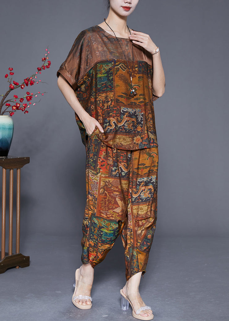 Vintage Coffee Oversized Print Silk Two Pieces Set Summer