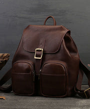 Vintage Chocolate Solid Pockets Calf Leather Backpack Bag