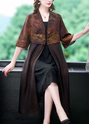 Vintage Coffee Tasseled Print Patchwork Silk Cardigan Summer