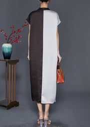 Vintage Colorblock Bow Neck Patchwork Silk Long Dresses Summer