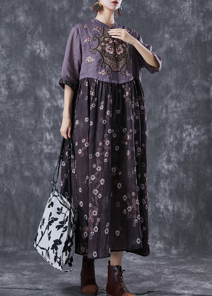 Vintage Colorblock Embroideried Patchwork Cotton Long Dress Summer