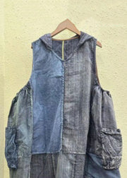 Vintage Colorblock Hooded Pockets Cotton Waistcoat Sleeveless