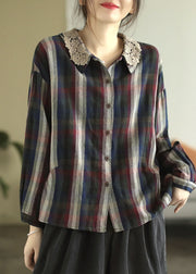 Vintage Colorblock Plaid Lace Patchwork Cotton Shirts Spring