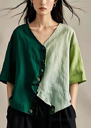 Vintage Colorblock Ruffled Asymmetrical Design Linen Top Summer