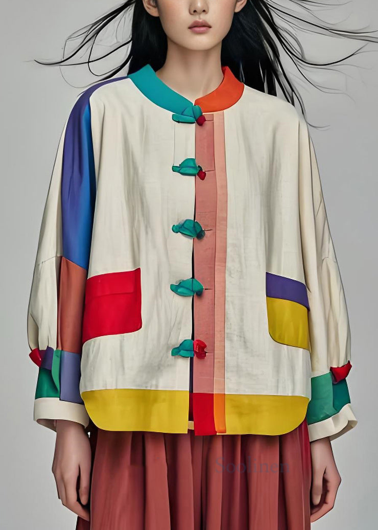 Vintage Colorblock Stand Collar Button Patchwork Cotton Coats Long Sleeve