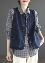 Vintage Dark Blue O-Neck Pockets Denim Waistcoat Sleeveless