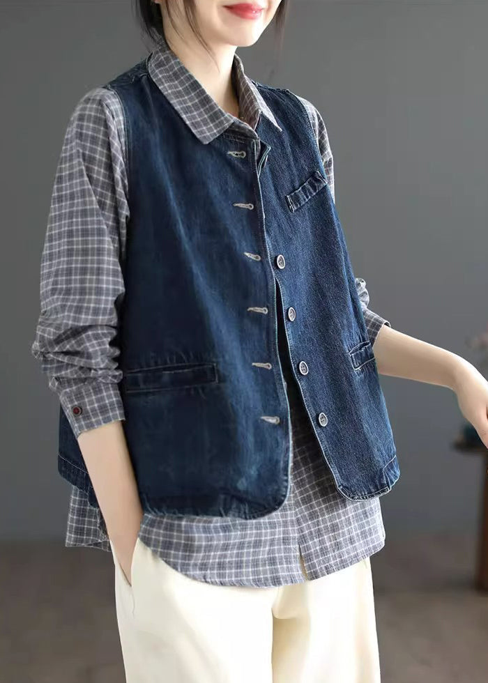 Vintage Dark Blue O-Neck Pockets Denim Waistcoat Sleeveless