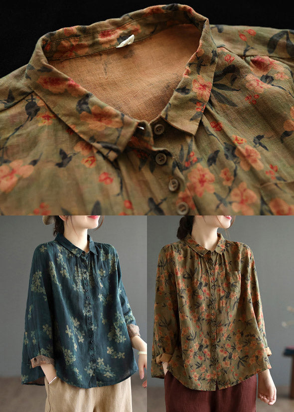 Vintage Dark Blue Peter Pan Collar Print Linen Shirt Long Sleeve