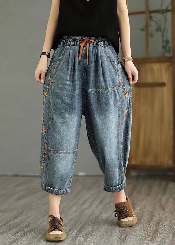 Vintage Dark Gray Embroidered Elastic Waist Denim Crop Pants Spring