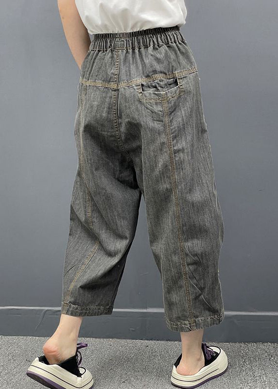 Vintage Dark Gray Embroidered Elastic Waist Denim Crop Pants Spring