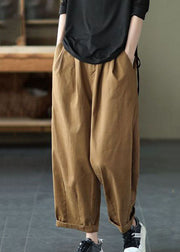 Vintage Dark Khaki Pockets Patchwork Cotton Pants Summer