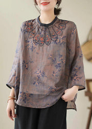 Vintage Dark Purple Embroideried Print Linen Tops Spring