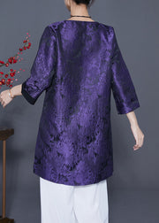 Vintage Dark Purple Embroideried Side Open Silk Shirts Bracelet Sleeve