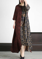 Vintage Dark Red O-Neck Asymmetrical Print Patchwork Silk Maxi Dress Half Sleeve