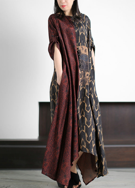 Vintage Dark Red O-Neck Asymmetrical Print Patchwork Silk Maxi Dress Half Sleeve