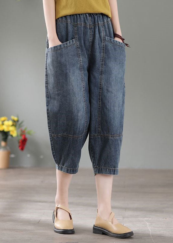 Vintage Denim Blue High Waist Pockets Cotton Crop Pants Summer