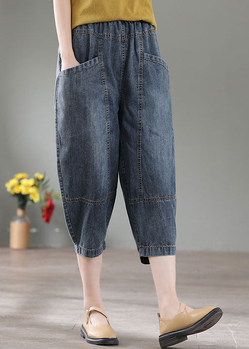 Vintage Denim Blue High Waist Pockets Cotton Crop Pants Summer