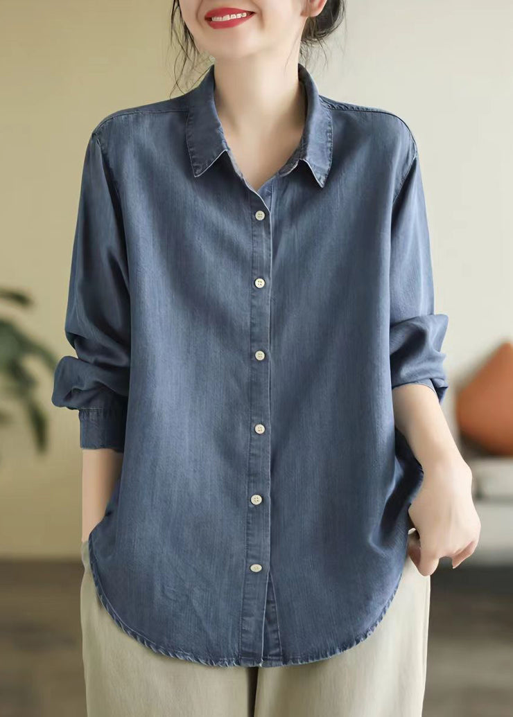 Vintage Denim Blue Peter Pan Collar Patchwork Button Shirt Long Sleeve